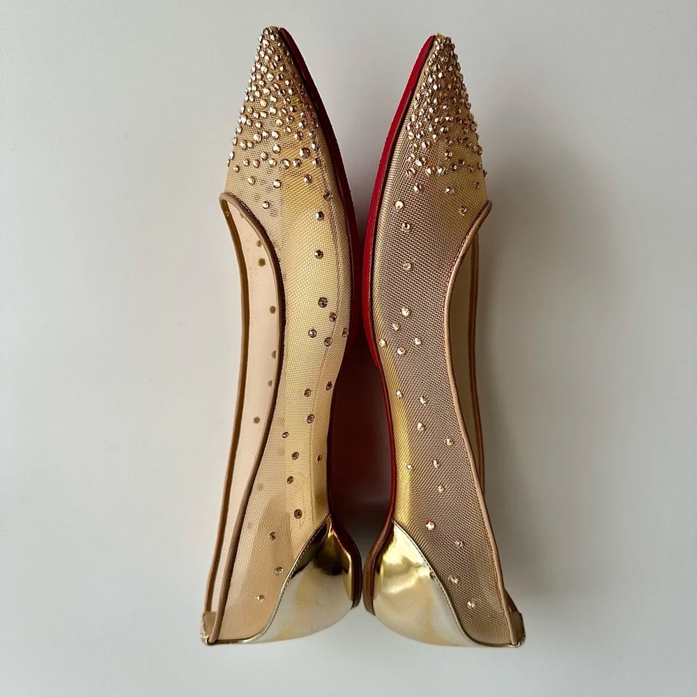 CHRISTIAN LOUBOUTIN Follies Strass Gold Crystal Pointed Toe Ballerina Flats 38 - Picture 8 of 16